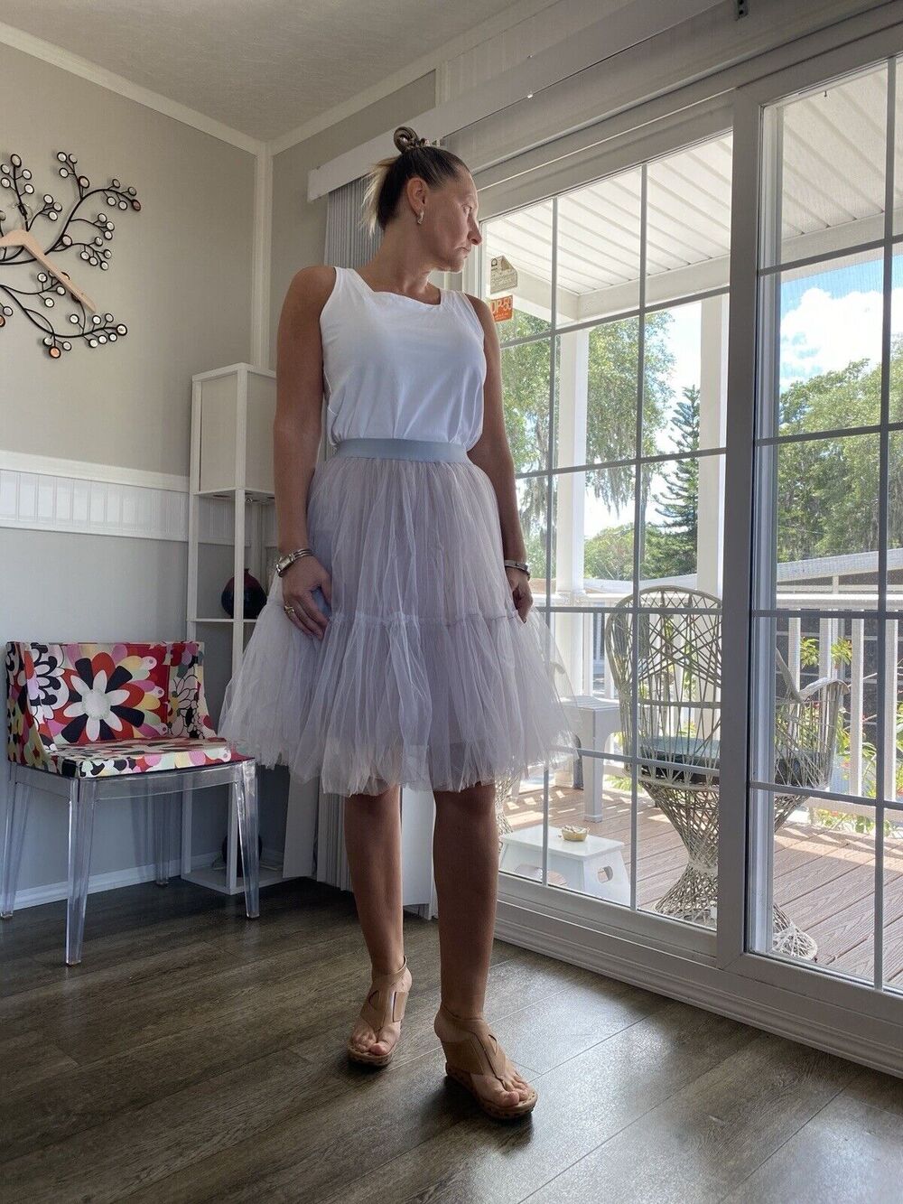 PUPI SWEET DRESS Earl Grey Layered Tulle Midi Fluffy Skirt S/M